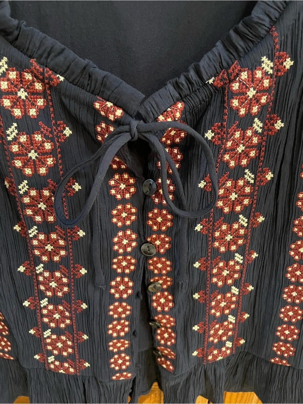 Abercrombie & Fitch Navy Embroidered Tie-Front Peasant Top